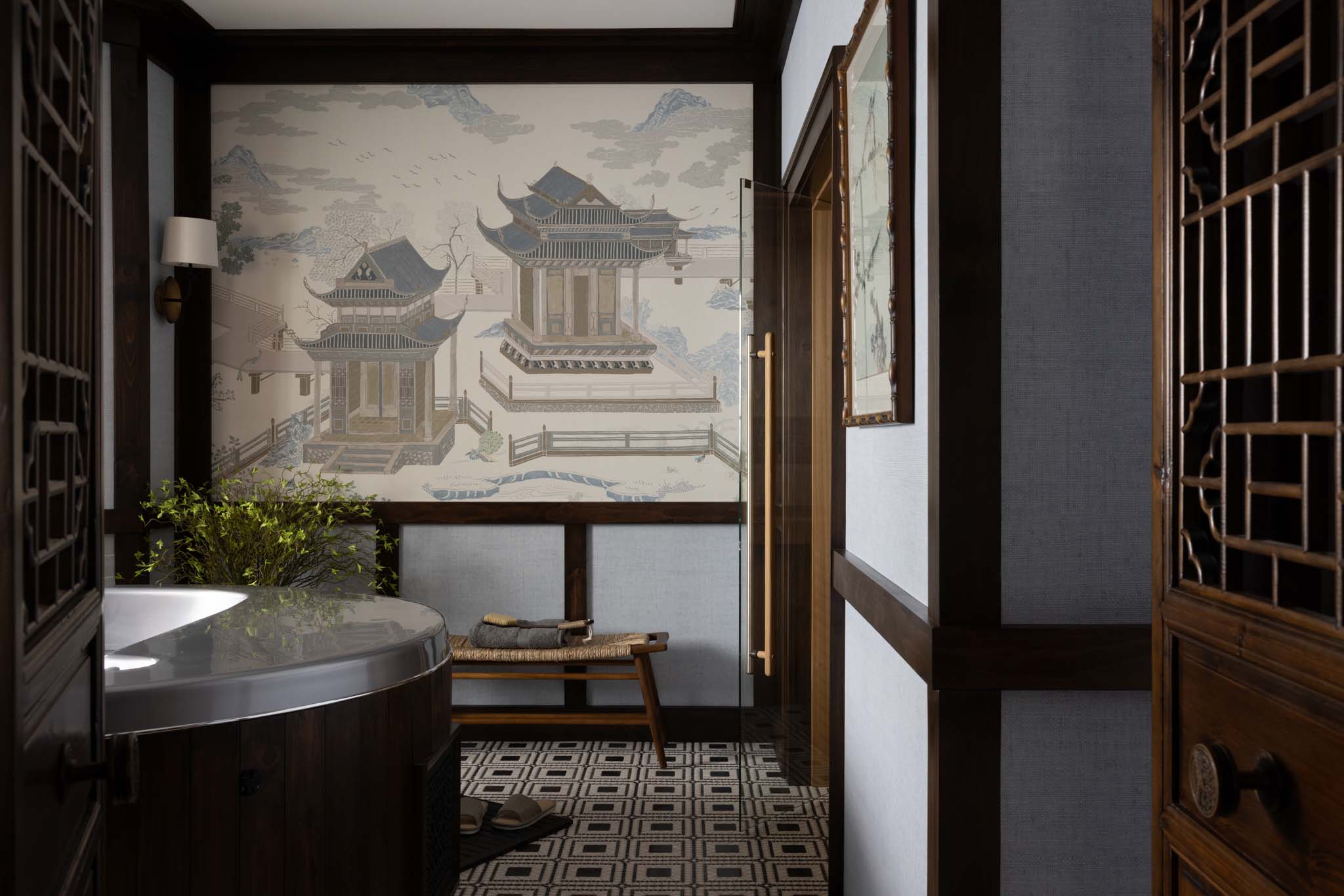 Luxury cold plunge room with Asian-inspired wallpaper and marble mosaic tile
