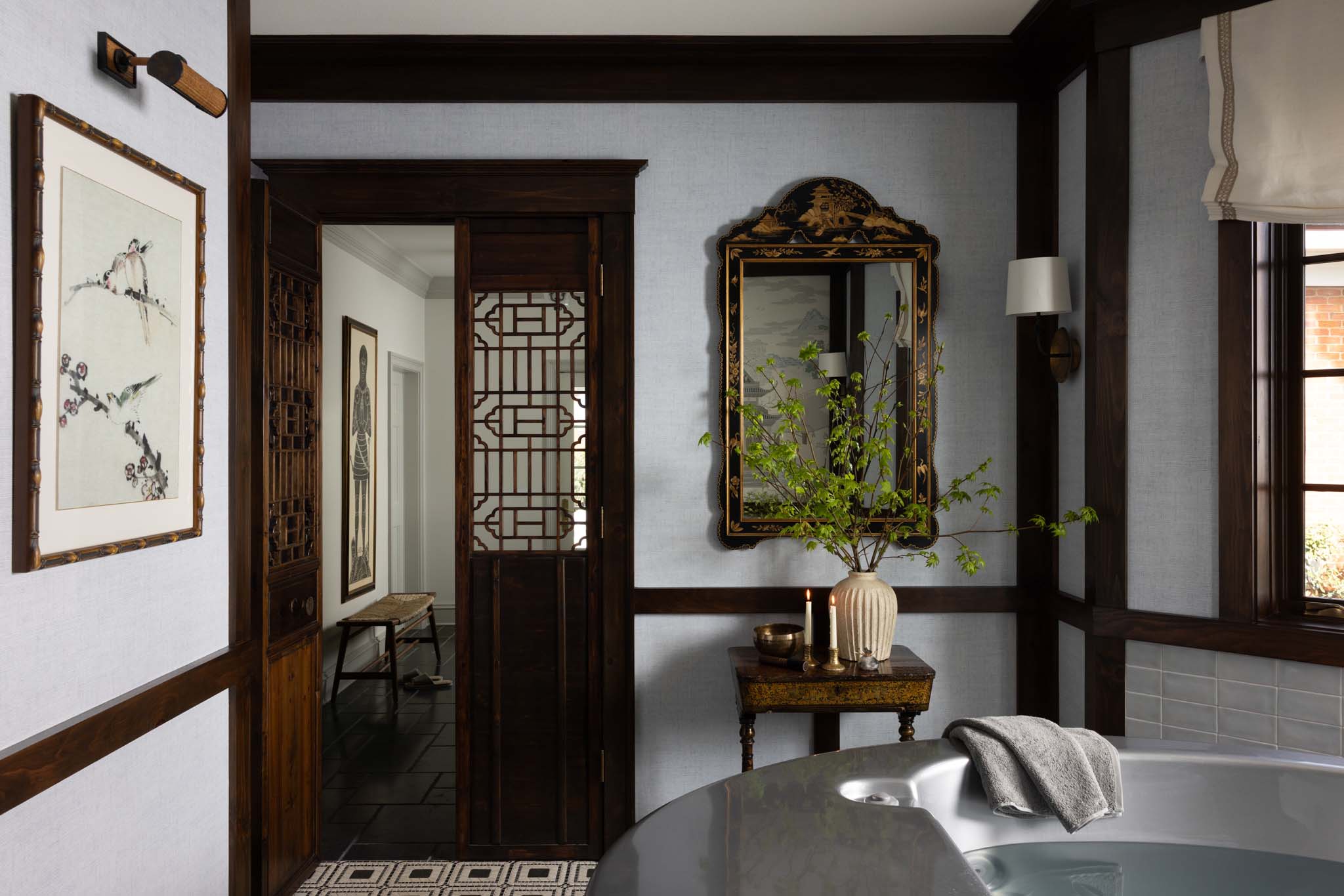 Cold plunge room with Japanese soaking tub, Chinoiserie mirror and custom millwork