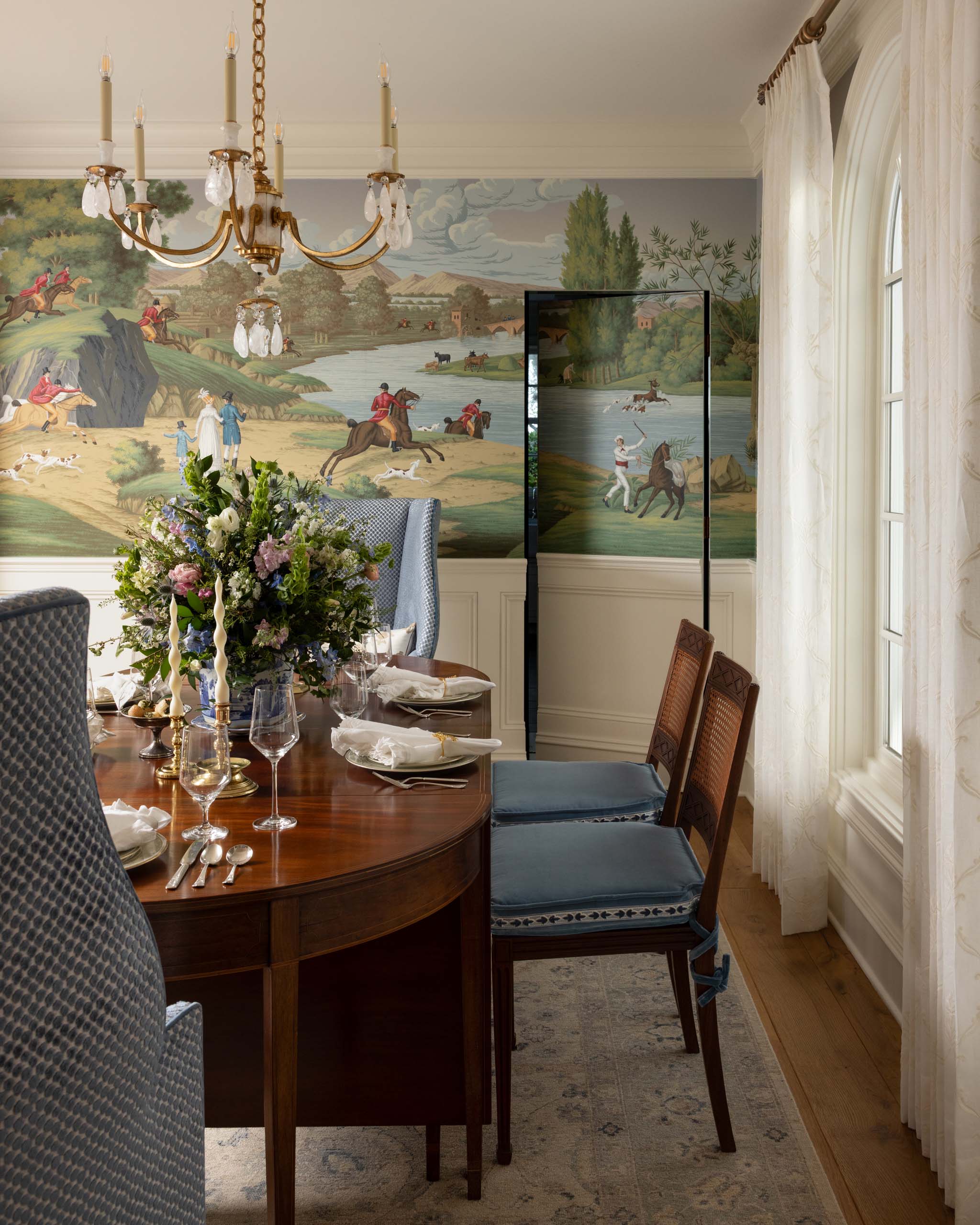 Traditional English Country Dining Room Hidden Door Wallpapered
